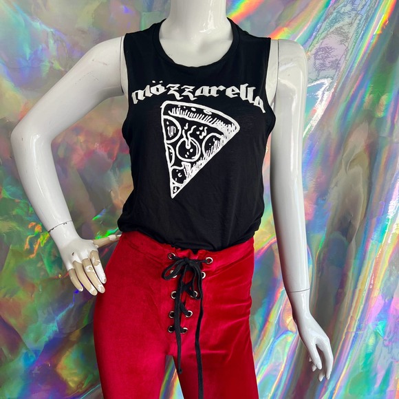 NEW Red Velvet Leggings with Black Lace Up Waist - Picture 8 of 10